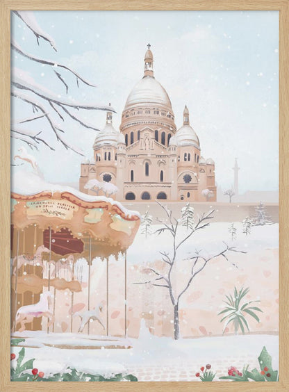 A vertical painting of the Sacré-Cœur Basilica in Paris on a snowy winter day. The scene is soft and pastel, with snow covering the ground, the basilica's domes, and tree branches. In the foreground, a vintage carousel is partially visible on the left. Artwork