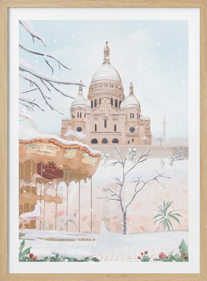 A vertical painting of the Sacré-Cœur Basilica in Paris on a snowy winter day. The scene is soft and pastel, with snow covering the ground, the basilica's domes, and tree branches. In the foreground, a vintage carousel is partially visible on the left. Artwork