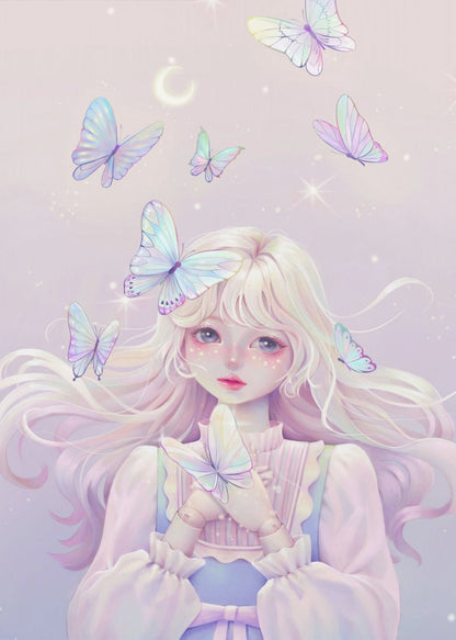 An ethereal anime-style illustration of a young girl with long, platinum blonde hair and large, expressive eyes. She has doll-like joints on her hands and is surrounded by several iridescent butterflies against a soft, sparkling lavender background with a crescent moon. One butterfly rests on her hair while she gently holds another. Poster