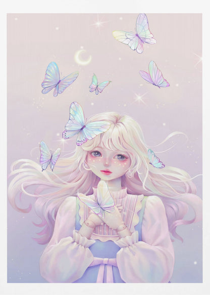 An ethereal anime-style illustration of a young girl with long, platinum blonde hair and large, expressive eyes. She has doll-like joints on her hands and is surrounded by several iridescent butterflies against a soft, sparkling lavender background with a crescent moon. One butterfly rests on her hair while she gently holds another. Poster