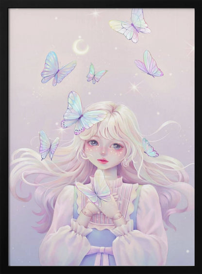 An ethereal anime-style illustration of a young girl with long, platinum blonde hair and large, expressive eyes. She has doll-like joints on her hands and is surrounded by several iridescent butterflies against a soft, sparkling lavender background with a crescent moon. One butterfly rests on her hair while she gently holds another. Poster
