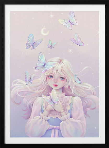 An ethereal anime-style illustration of a young girl with long, platinum blonde hair and large, expressive eyes. She has doll-like joints on her hands and is surrounded by several iridescent butterflies against a soft, sparkling lavender background with a crescent moon. One butterfly rests on her hair while she gently holds another. Poster