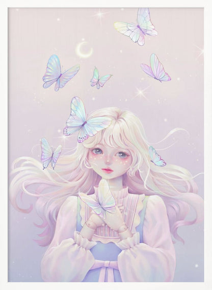 An ethereal anime-style illustration of a young girl with long, platinum blonde hair and large, expressive eyes. She has doll-like joints on her hands and is surrounded by several iridescent butterflies against a soft, sparkling lavender background with a crescent moon. One butterfly rests on her hair while she gently holds another. Poster