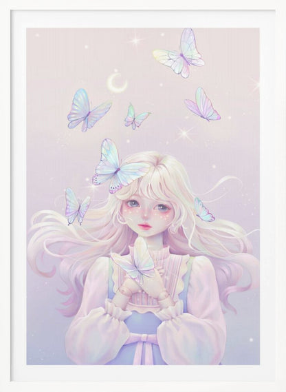 An ethereal anime-style illustration of a young girl with long, platinum blonde hair and large, expressive eyes. She has doll-like joints on her hands and is surrounded by several iridescent butterflies against a soft, sparkling lavender background with a crescent moon. One butterfly rests on her hair while she gently holds another. Poster