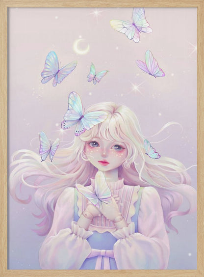 An ethereal anime-style illustration of a young girl with long, platinum blonde hair and large, expressive eyes. She has doll-like joints on her hands and is surrounded by several iridescent butterflies against a soft, sparkling lavender background with a crescent moon. One butterfly rests on her hair while she gently holds another. Poster