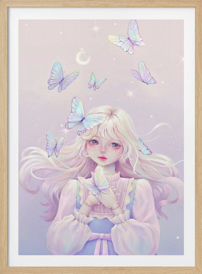 An ethereal anime-style illustration of a young girl with long, platinum blonde hair and large, expressive eyes. She has doll-like joints on her hands and is surrounded by several iridescent butterflies against a soft, sparkling lavender background with a crescent moon. One butterfly rests on her hair while she gently holds another. Poster
