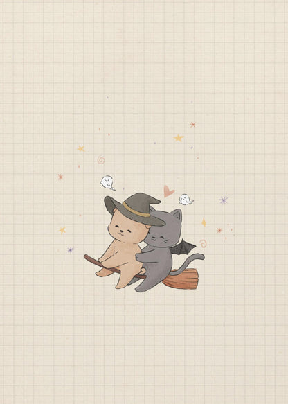 A cute, whimsical illustration of a tan bear in a witch hat and a gray cat with bat wings happily flying together on a broomstick, set against a beige grid paper background with tiny ghosts and stars. Poster