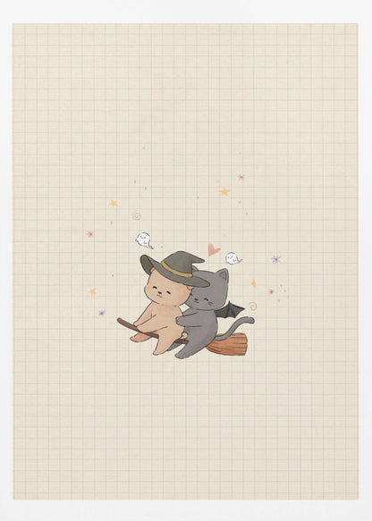 A cute, whimsical illustration of a tan bear in a witch hat and a gray cat with bat wings happily flying together on a broomstick, set against a beige grid paper background with tiny ghosts and stars. Poster