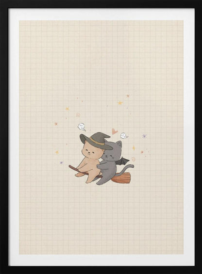 A cute, whimsical illustration of a tan bear in a witch hat and a gray cat with bat wings happily flying together on a broomstick, set against a beige grid paper background with tiny ghosts and stars. Poster