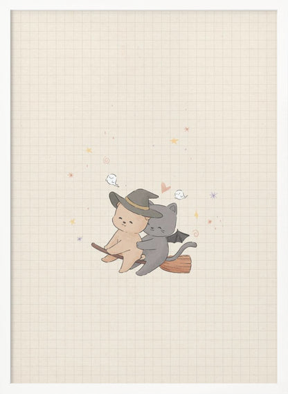A cute, whimsical illustration of a tan bear in a witch hat and a gray cat with bat wings happily flying together on a broomstick, set against a beige grid paper background with tiny ghosts and stars. Poster