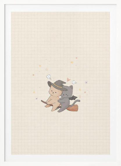 A cute, whimsical illustration of a tan bear in a witch hat and a gray cat with bat wings happily flying together on a broomstick, set against a beige grid paper background with tiny ghosts and stars. Poster