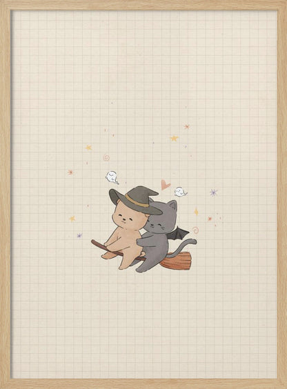 A cute, whimsical illustration of a tan bear in a witch hat and a gray cat with bat wings happily flying together on a broomstick, set against a beige grid paper background with tiny ghosts and stars. Poster