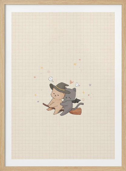 A cute, whimsical illustration of a tan bear in a witch hat and a gray cat with bat wings happily flying together on a broomstick, set against a beige grid paper background with tiny ghosts and stars. Poster
