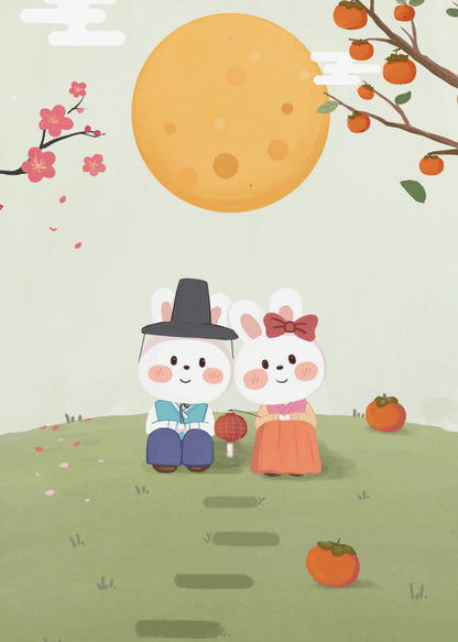 A cute illustration of two rabbits in traditional Korean hanbok sitting on a grassy hill under a large orange full moon. A male rabbit in a blue outfit and black hat sits next to a female rabbit in an orange dress with a red bow. They are surrounded by persimmons and cherry blossoms, creating a peaceful, festive scene. Print