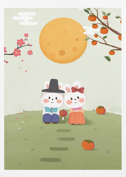 A cute illustration of two rabbits in traditional Korean hanbok sitting on a grassy hill under a large orange full moon. A male rabbit in a blue outfit and black hat sits next to a female rabbit in an orange dress with a red bow. They are surrounded by persimmons and cherry blossoms, creating a peaceful, festive scene. Print