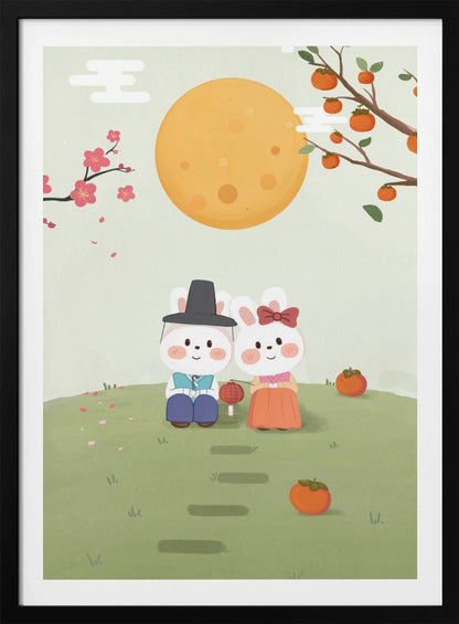A cute illustration of two rabbits in traditional Korean hanbok sitting on a grassy hill under a large orange full moon. A male rabbit in a blue outfit and black hat sits next to a female rabbit in an orange dress with a red bow. They are surrounded by persimmons and cherry blossoms, creating a peaceful, festive scene. Print