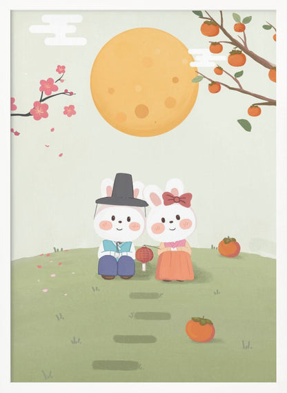 A cute illustration of two rabbits in traditional Korean hanbok sitting on a grassy hill under a large orange full moon. A male rabbit in a blue outfit and black hat sits next to a female rabbit in an orange dress with a red bow. They are surrounded by persimmons and cherry blossoms, creating a peaceful, festive scene. Print