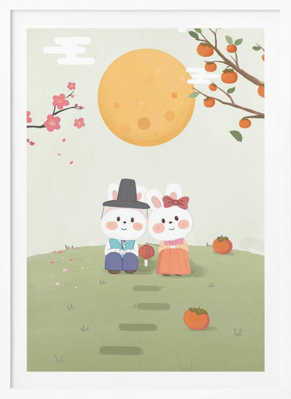 A cute illustration of two rabbits in traditional Korean hanbok sitting on a grassy hill under a large orange full moon. A male rabbit in a blue outfit and black hat sits next to a female rabbit in an orange dress with a red bow. They are surrounded by persimmons and cherry blossoms, creating a peaceful, festive scene. Print