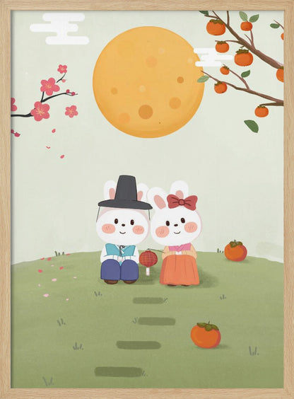 A cute illustration of two rabbits in traditional Korean hanbok sitting on a grassy hill under a large orange full moon. A male rabbit in a blue outfit and black hat sits next to a female rabbit in an orange dress with a red bow. They are surrounded by persimmons and cherry blossoms, creating a peaceful, festive scene. Print