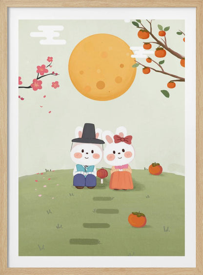 A cute illustration of two rabbits in traditional Korean hanbok sitting on a grassy hill under a large orange full moon. A male rabbit in a blue outfit and black hat sits next to a female rabbit in an orange dress with a red bow. They are surrounded by persimmons and cherry blossoms, creating a peaceful, festive scene. Print