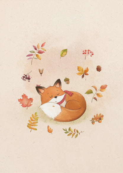 A charming watercolor illustration of a cute orange fox sleeping soundly, curled into a ball on a light beige background. The fox is wearing a cozy red and white striped scarf. Floating around the fox are various colorful autumn leaves, red berries, an acorn, and a small pinecone, creating a peaceful and whimsical fall scene. Decor