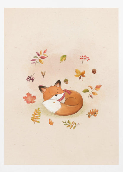 A charming watercolor illustration of a cute orange fox sleeping soundly, curled into a ball on a light beige background. The fox is wearing a cozy red and white striped scarf. Floating around the fox are various colorful autumn leaves, red berries, an acorn, and a small pinecone, creating a peaceful and whimsical fall scene. Decor