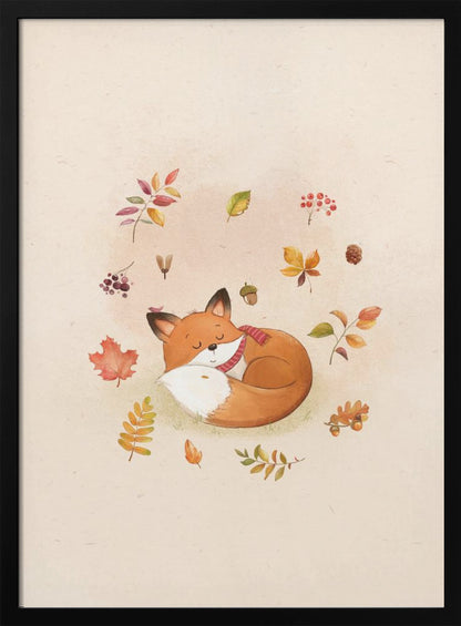 A charming watercolor illustration of a cute orange fox sleeping soundly, curled into a ball on a light beige background. The fox is wearing a cozy red and white striped scarf. Floating around the fox are various colorful autumn leaves, red berries, an acorn, and a small pinecone, creating a peaceful and whimsical fall scene. Decor