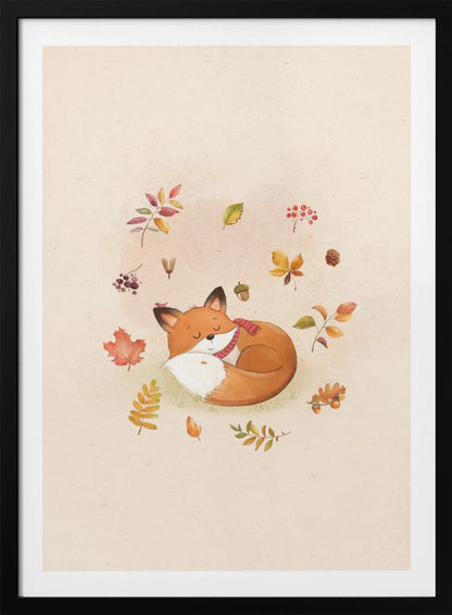 A charming watercolor illustration of a cute orange fox sleeping soundly, curled into a ball on a light beige background. The fox is wearing a cozy red and white striped scarf. Floating around the fox are various colorful autumn leaves, red berries, an acorn, and a small pinecone, creating a peaceful and whimsical fall scene. Decor