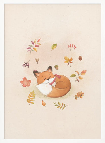A charming watercolor illustration of a cute orange fox sleeping soundly, curled into a ball on a light beige background. The fox is wearing a cozy red and white striped scarf. Floating around the fox are various colorful autumn leaves, red berries, an acorn, and a small pinecone, creating a peaceful and whimsical fall scene. Decor