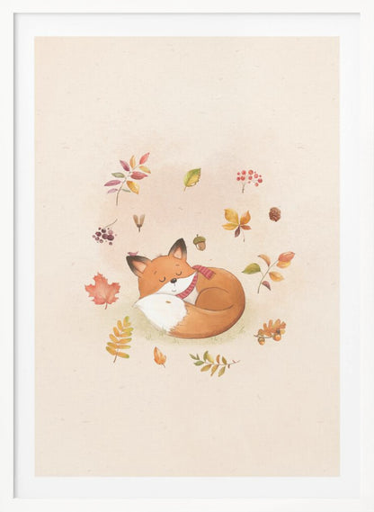 A charming watercolor illustration of a cute orange fox sleeping soundly, curled into a ball on a light beige background. The fox is wearing a cozy red and white striped scarf. Floating around the fox are various colorful autumn leaves, red berries, an acorn, and a small pinecone, creating a peaceful and whimsical fall scene. Decor