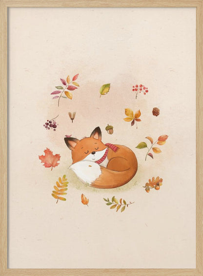 A charming watercolor illustration of a cute orange fox sleeping soundly, curled into a ball on a light beige background. The fox is wearing a cozy red and white striped scarf. Floating around the fox are various colorful autumn leaves, red berries, an acorn, and a small pinecone, creating a peaceful and whimsical fall scene. Decor
