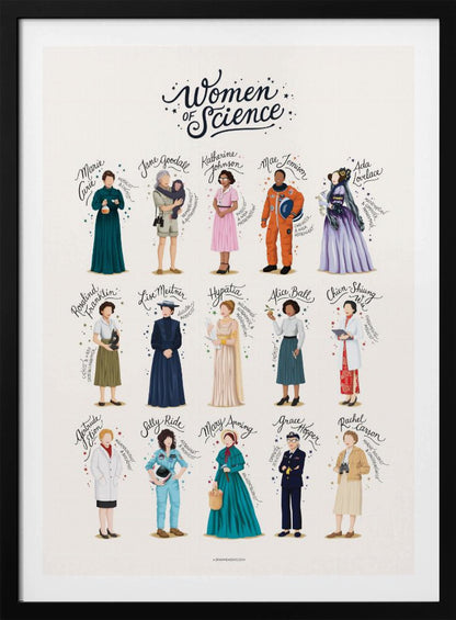 An illustrated poster titled 'Women of Science' featuring 15 influential female scientists throughout history. Each woman is depicted in full-length, with her name written in cursive above her, set against a light background and framed in black. Artwork