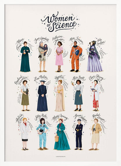 An illustrated poster titled 'Women of Science' featuring 15 influential female scientists throughout history. Each woman is depicted in full-length, with her name written in cursive above her, set against a light background and framed in black. Artwork