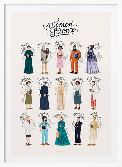 An illustrated poster titled 'Women of Science' featuring 15 influential female scientists throughout history. Each woman is depicted in full-length, with her name written in cursive above her, set against a light background and framed in black. Artwork