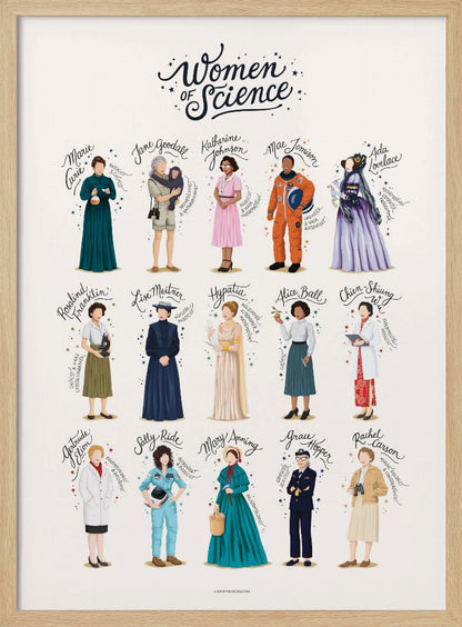 An illustrated poster titled 'Women of Science' featuring 15 influential female scientists throughout history. Each woman is depicted in full-length, with her name written in cursive above her, set against a light background and framed in black. Artwork