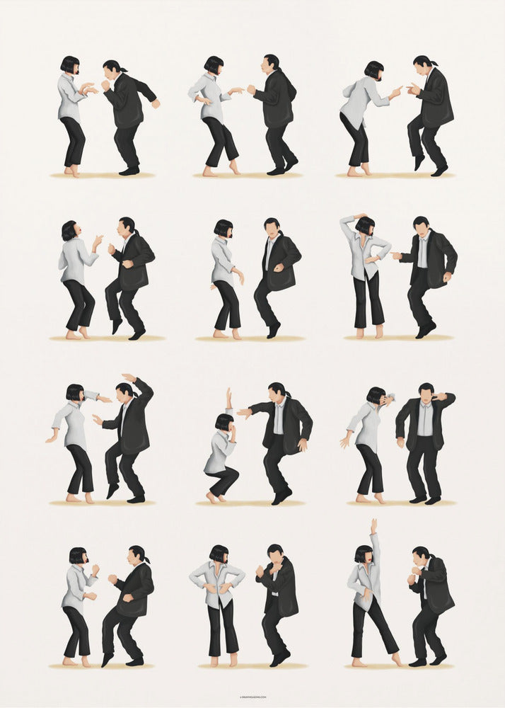 A minimalist art print in a black frame, featuring a grid of twelve illustrations depicting the iconic dance sequence from Pulp Fiction. Each illustration shows the characters Mia Wallace and Vincent Vega in different poses from their dance, set against a plain off-white background. Wall Art