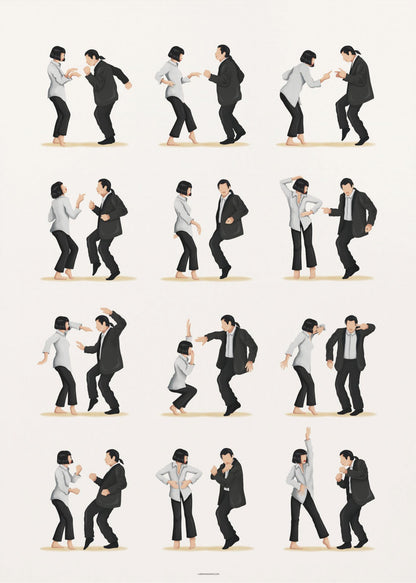 A minimalist art print in a black frame, featuring a grid of twelve illustrations depicting the iconic dance sequence from Pulp Fiction. Each illustration shows the characters Mia Wallace and Vincent Vega in different poses from their dance, set against a plain off-white background. Wall Art