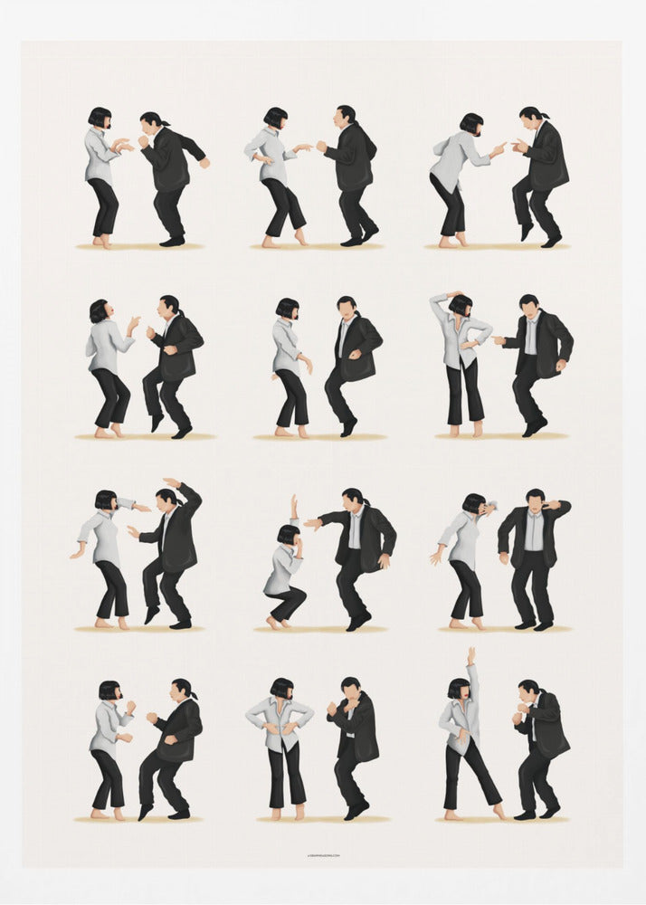 A minimalist art print in a black frame, featuring a grid of twelve illustrations depicting the iconic dance sequence from Pulp Fiction. Each illustration shows the characters Mia Wallace and Vincent Vega in different poses from their dance, set against a plain off-white background. Wall Art
