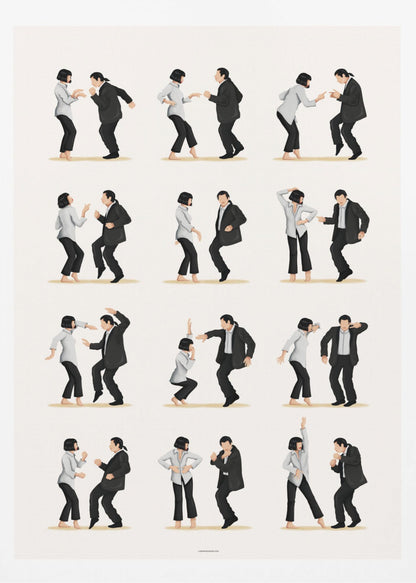 A minimalist art print in a black frame, featuring a grid of twelve illustrations depicting the iconic dance sequence from Pulp Fiction. Each illustration shows the characters Mia Wallace and Vincent Vega in different poses from their dance, set against a plain off-white background. Wall Art