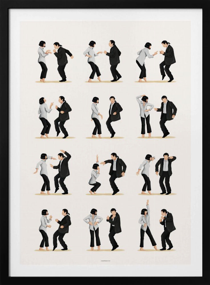 A minimalist art print in a black frame, featuring a grid of twelve illustrations depicting the iconic dance sequence from Pulp Fiction. Each illustration shows the characters Mia Wallace and Vincent Vega in different poses from their dance, set against a plain off-white background. Wall Art