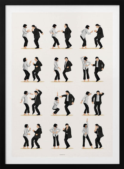 A minimalist art print in a black frame, featuring a grid of twelve illustrations depicting the iconic dance sequence from Pulp Fiction. Each illustration shows the characters Mia Wallace and Vincent Vega in different poses from their dance, set against a plain off-white background. Wall Art