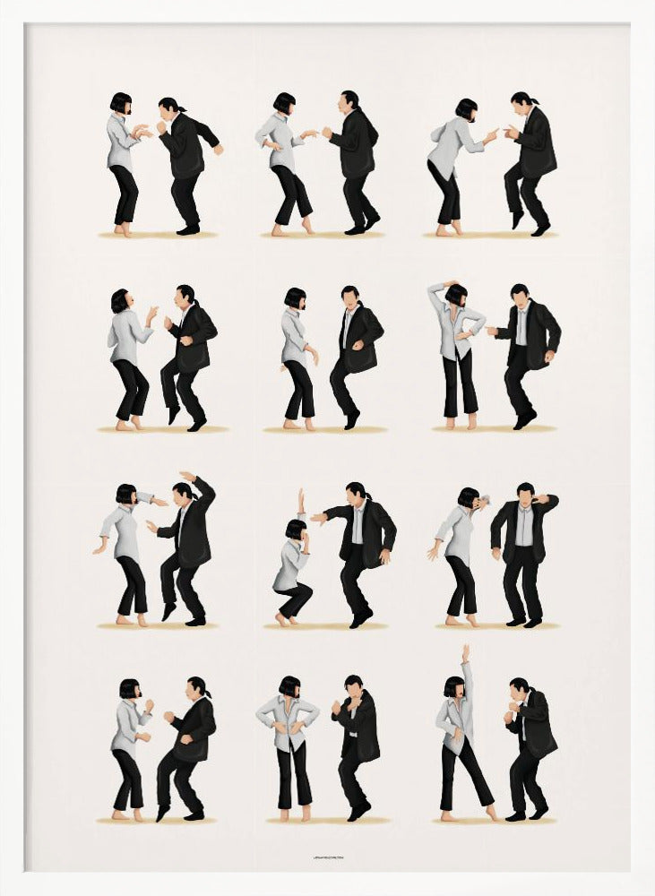 A minimalist art print in a black frame, featuring a grid of twelve illustrations depicting the iconic dance sequence from Pulp Fiction. Each illustration shows the characters Mia Wallace and Vincent Vega in different poses from their dance, set against a plain off-white background. Wall Art