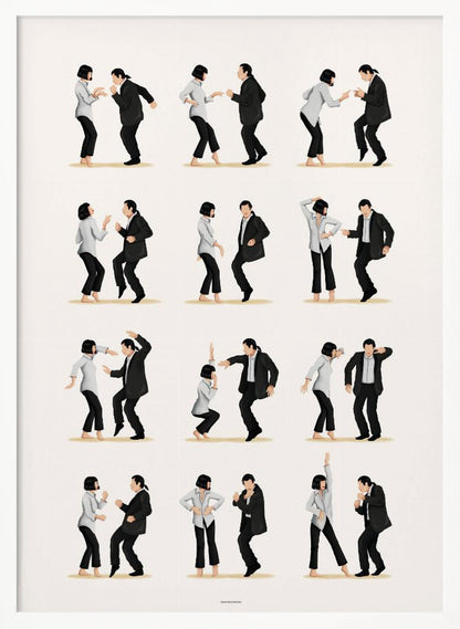 A minimalist art print in a black frame, featuring a grid of twelve illustrations depicting the iconic dance sequence from Pulp Fiction. Each illustration shows the characters Mia Wallace and Vincent Vega in different poses from their dance, set against a plain off-white background. Wall Art