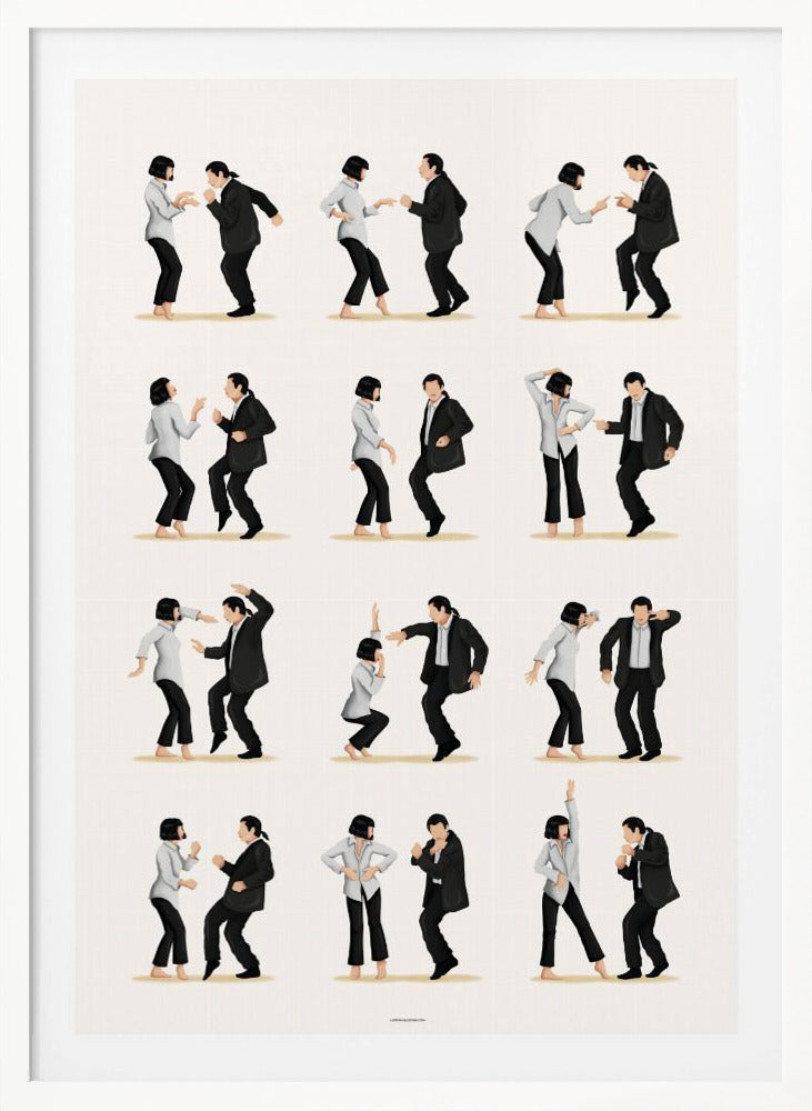 A minimalist art print in a black frame, featuring a grid of twelve illustrations depicting the iconic dance sequence from Pulp Fiction. Each illustration shows the characters Mia Wallace and Vincent Vega in different poses from their dance, set against a plain off-white background. Wall Art