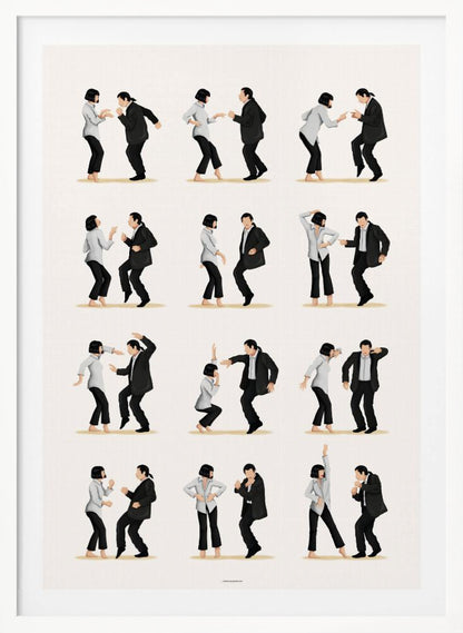 A minimalist art print in a black frame, featuring a grid of twelve illustrations depicting the iconic dance sequence from Pulp Fiction. Each illustration shows the characters Mia Wallace and Vincent Vega in different poses from their dance, set against a plain off-white background. Wall Art