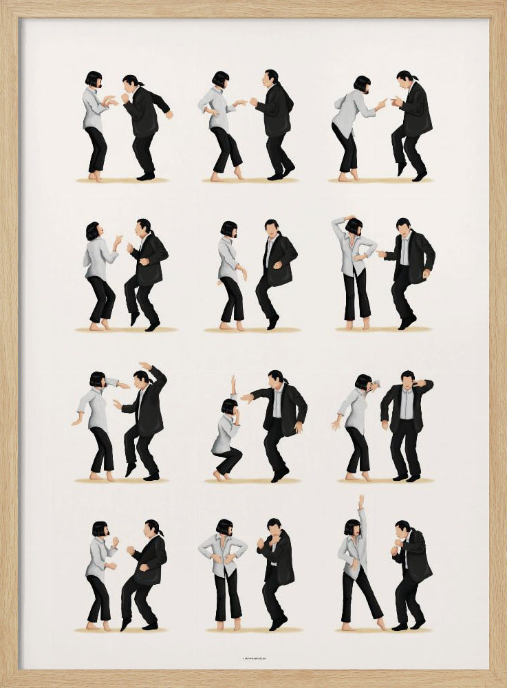 A minimalist art print in a black frame, featuring a grid of twelve illustrations depicting the iconic dance sequence from Pulp Fiction. Each illustration shows the characters Mia Wallace and Vincent Vega in different poses from their dance, set against a plain off-white background. Wall Art