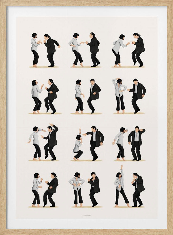 A minimalist art print in a black frame, featuring a grid of twelve illustrations depicting the iconic dance sequence from Pulp Fiction. Each illustration shows the characters Mia Wallace and Vincent Vega in different poses from their dance, set against a plain off-white background. Wall Art