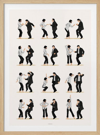 A minimalist art print in a black frame, featuring a grid of twelve illustrations depicting the iconic dance sequence from Pulp Fiction. Each illustration shows the characters Mia Wallace and Vincent Vega in different poses from their dance, set against a plain off-white background. Wall Art