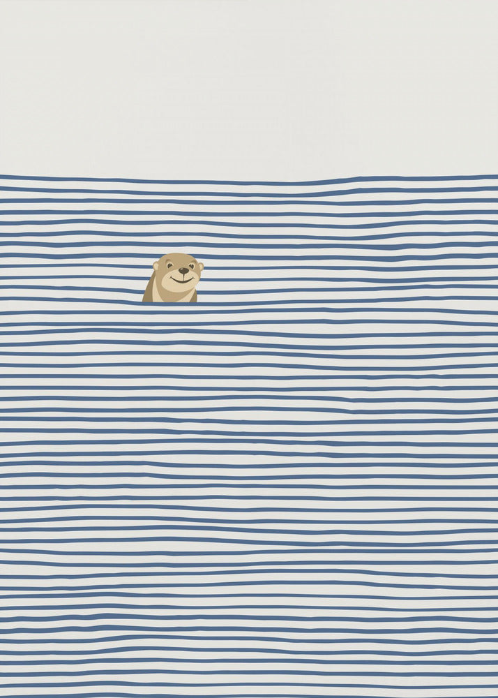 A minimalist illustration in a black frame featuring a cute, smiling otter peeking its head out of stylized water made of wavy, horizontal blue stripes on an off-white background. Decor