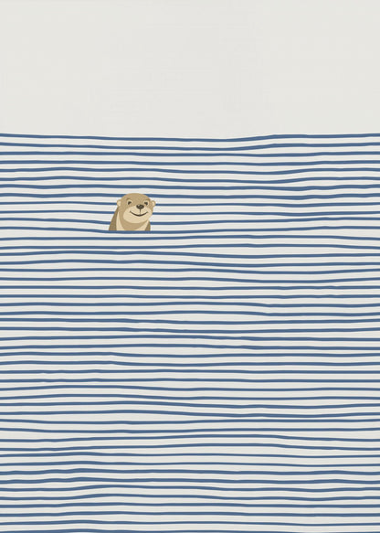 A minimalist illustration in a black frame featuring a cute, smiling otter peeking its head out of stylized water made of wavy, horizontal blue stripes on an off-white background. Decor